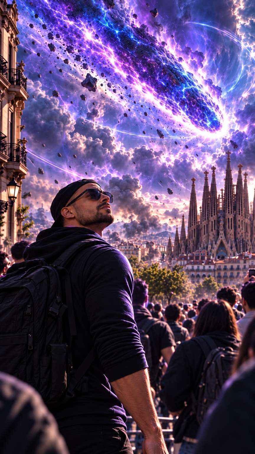 Daniel observa el fenómeno azul y lila de La Caída sobre Barcelona entre una multitud.