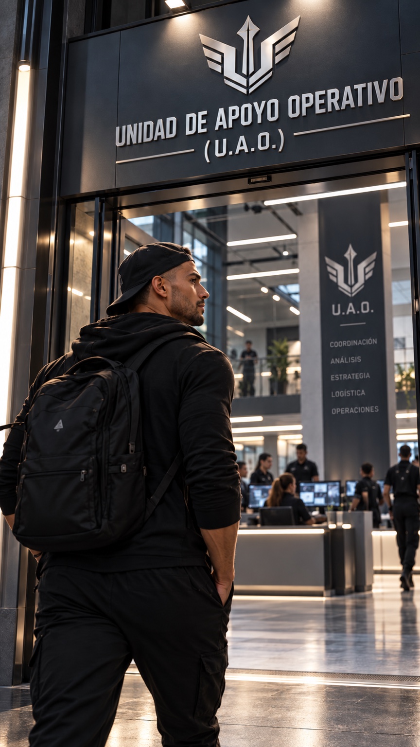 Daniel observa la entrada de la Unidad de Apoyo Operativo de la A.E.E.