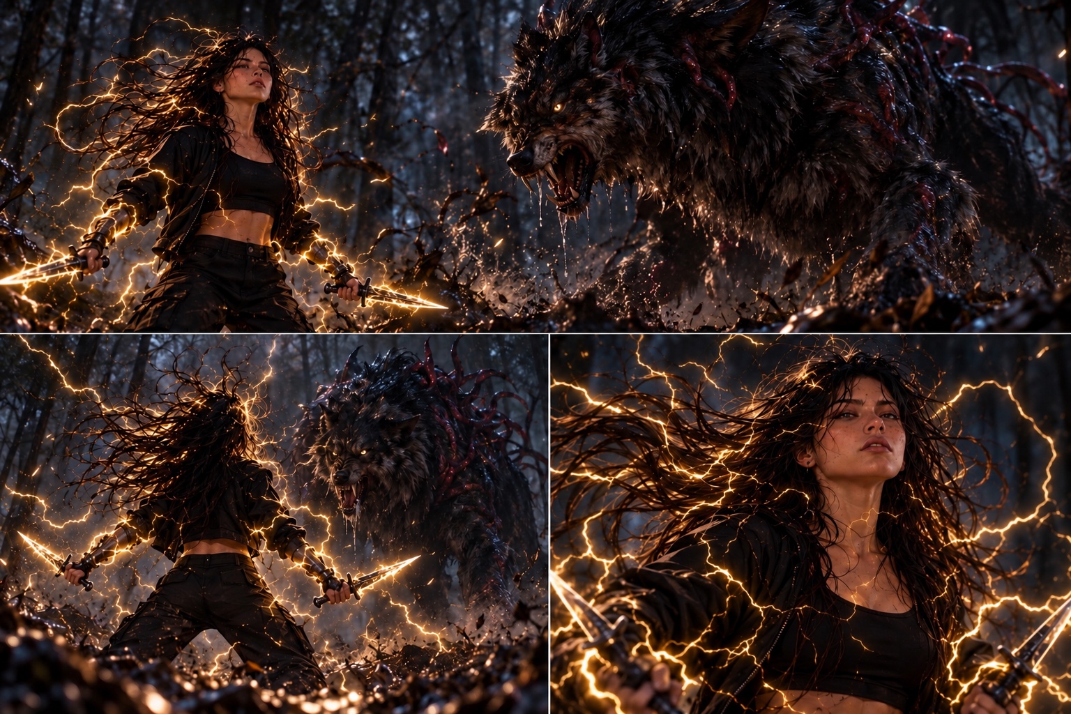 Xenya se interpone entre la Alfa y E-47 mientras la electricidad recorre sus dagas.